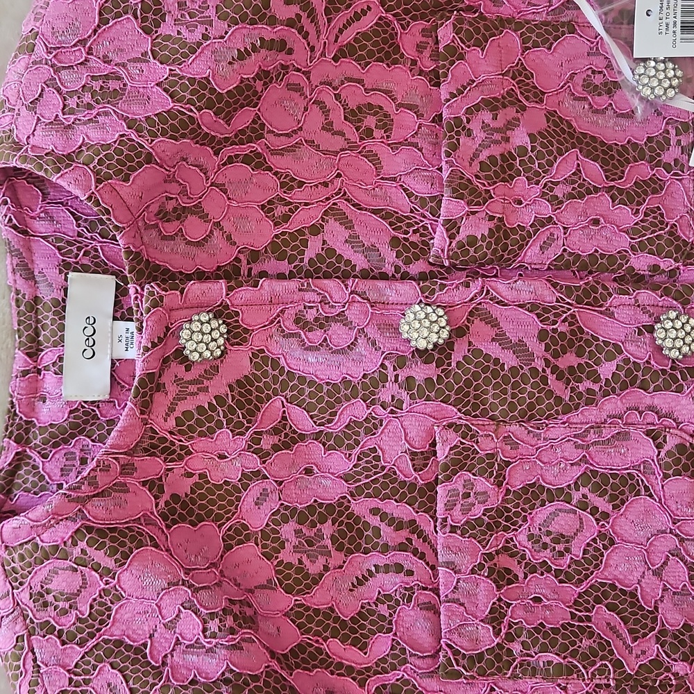 CeCe Antique Olive W/Pink Lace/ Rhinestone Button Cropped Collarless Jacket: XS - Picture 8 of 16